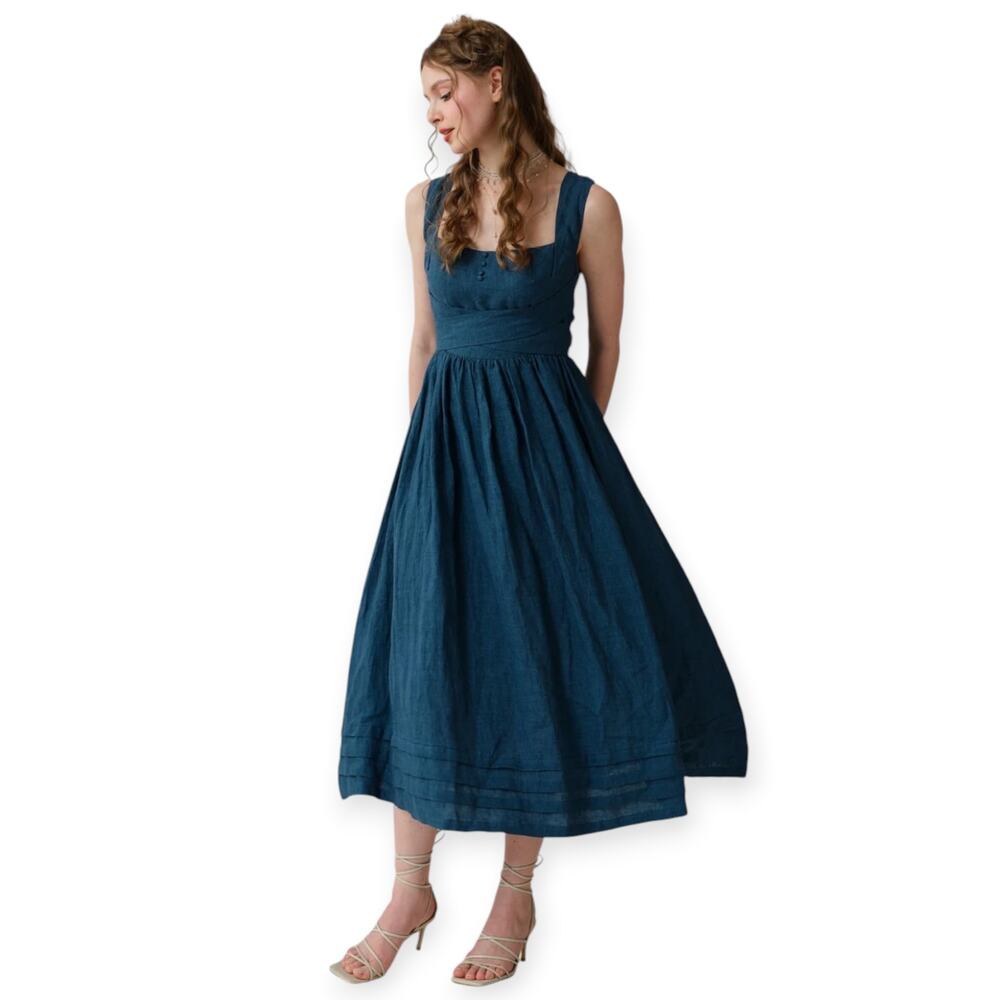 Linennaive Vetiver 23 Cross Back Linen Dress Women Blue